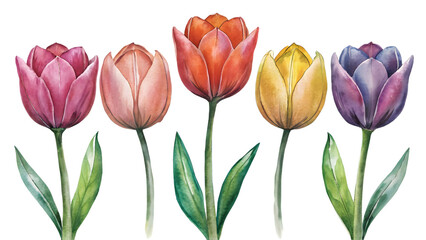 Vibrant Tulip Spectrum: A collection of five exquisite tulips in a stunning array of colors, their delicate petals and verdant leaves celebrating the beauty of spring.
