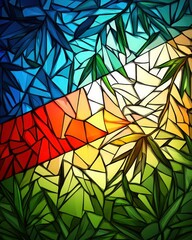 Colorful stained glass mosaic with leafy botanical elements in abstract geometric design. Vibrant colors and light illuminate the organic forms