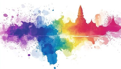 Obraz premium Silhouette of a temple complex reflected in water against a vibrant watercolor splash background