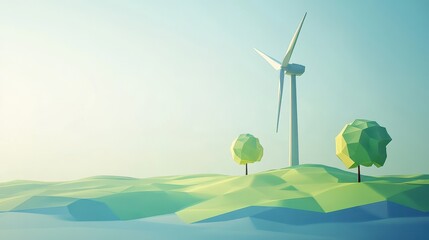 Stylized Low Poly Wind Turbine in Serene Green Landscape