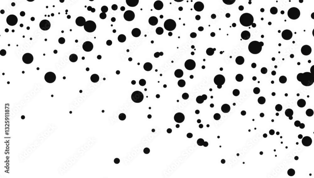 Poster a scattered arrangement of various-sized black circles against a white background creating a dynamic