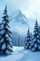 Fototapeta premium Snow-Covered Firs in Misty Mountain Landscape, snow, landscape, forest