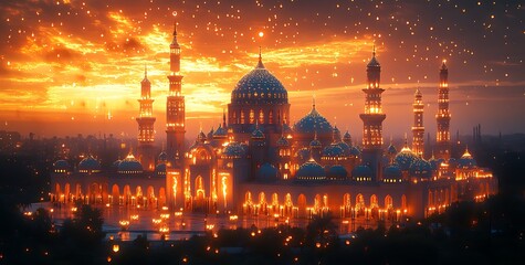 Obraz premium Grand Mosque Glowing at Sunset with Minarets and Starlit Sky