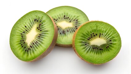 Fototapeta premium Kiwi Slices: Freshly sliced kiwi fruits revealing their vibrant green flesh and tiny black seeds, a refreshing and healthy food option.