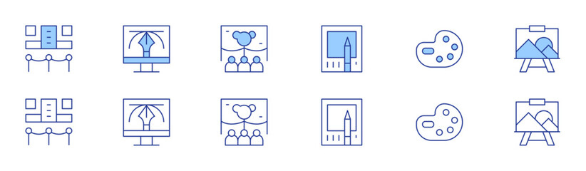 Art icon set in two styles, Duotone and Thin Line style. Editable stroke. exhibition, art and design, arts, art show, art