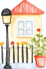 Fototapeta premium Charming small urban porch featuring a stylish black iron fence, perfect for city living and outdoor relaxation.
