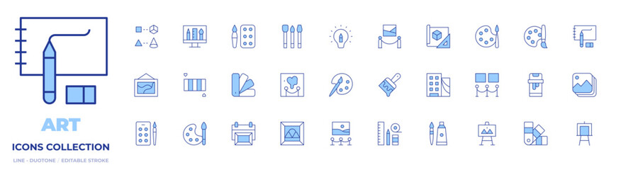 Art icons collection. Line Duotone style, editable stroke. world art day, art and design, art gallery, art show, brush, rendering, art, inspiration, color