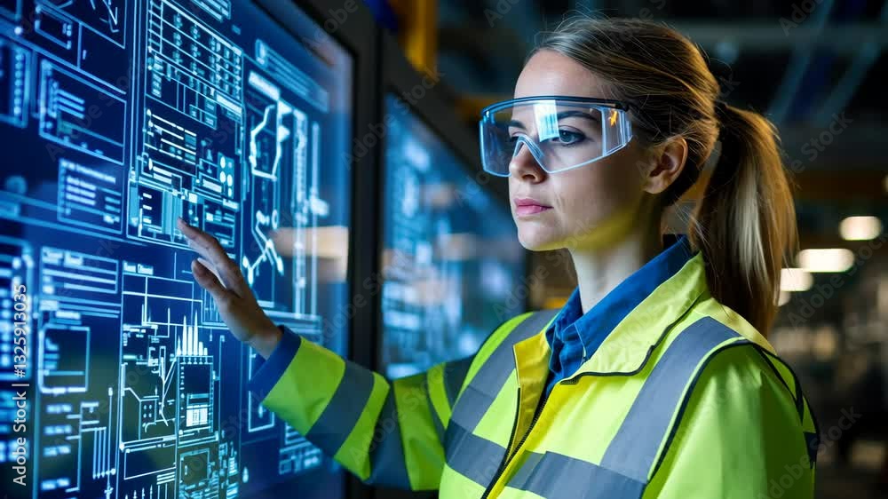 Poster engineer interacting with futuristic touchscreen display in hightech facility