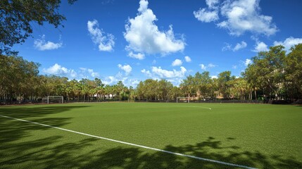 Fototapeta premium Lush Green Soccer Field Under Bright Blue Sky with Fluffy Clouds
