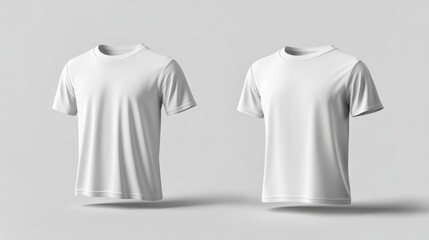 Naklejka premium Two plain white t-shirts displayed on a neutral background, showcasing simple, minimalist design ideal for casual wear or branding.