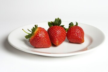 Freshly picked strawberries on a white plate food photography indoor setting healthy eating concept inviting presentation