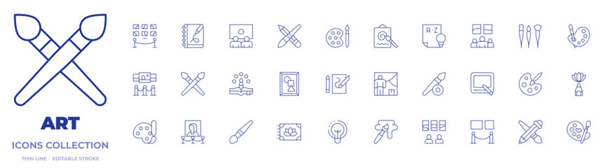 Art icons collection. Thin Line icons, editable stroke. paintbrush, language arts, art, art show, art therapy, design, magnetic, painting, museum, draw