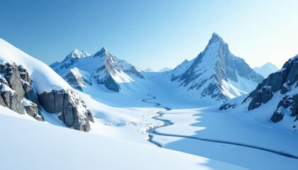 Fototapeta premium Snow-covered mountain peaks rising from the glacier surface,, nature, frozen tundra