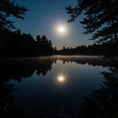 Bright moon shining over calm lake at night with fog