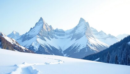 Fototapeta premium Snow-covered mountain range against bright white sky, winter, open