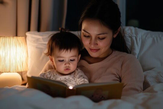 Weekend family quality time concept. A mother reading a book to her child in a cozy, softly lit bedroom.