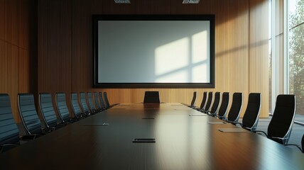 A modern boardroom setup featuring empty chairs and a sleek conference table, ready for an important meeting.