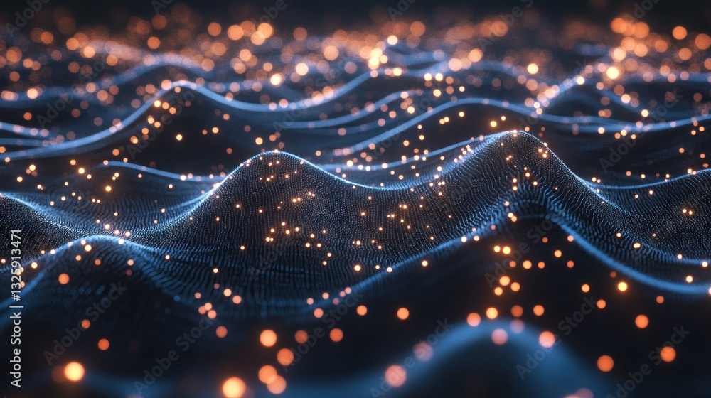 Poster abstract data waves with glowing particles