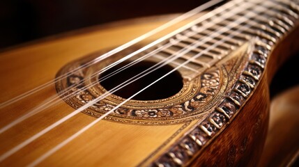 Obraz premium Close-up of a vintage Portuguese guitar's soundhole and strings in a dark studio