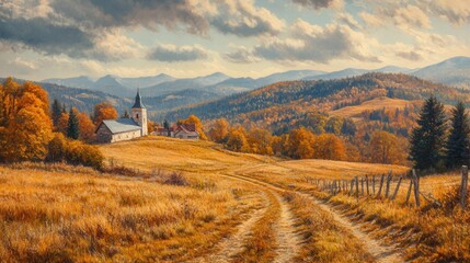Obraz premium Scenic autumn landscape with rural church in rolling hills and vibrant foliage