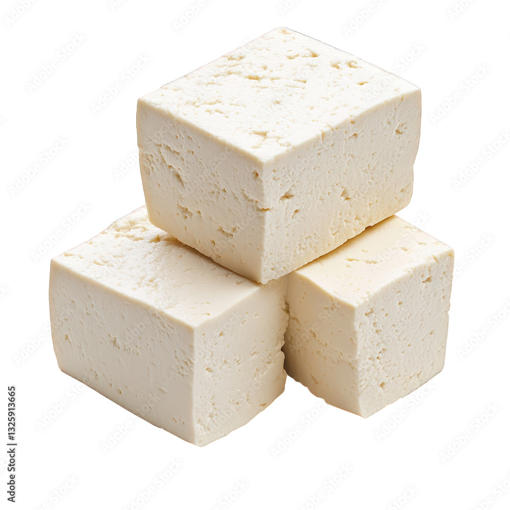 Poster three blocks of soft creamy tofu stacked together showcasing its smooth texture and pale color often