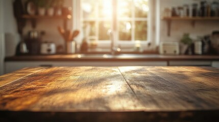 Sunlit rustic wooden table in cozy kitchen setting