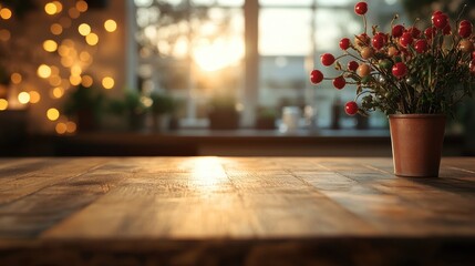 Fototapeta premium Cozy sunlit room with wooden table and potted berry plant at sunset