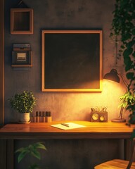 Blank blackboard empty blackboard office. Warm Lit Home Office Workspace with Wooden Desk and Plants