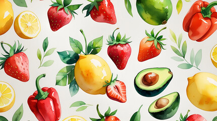 Watercolor painting of fresh fruits and vegetables