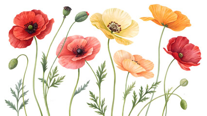 Fototapeta premium Vibrant Poppy Field: A stunning illustration of various poppy blooms, showcasing vibrant colors and delicate petals, set against a clean backdrop.