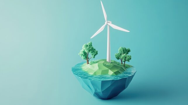 Low Poly Floating Landmass with Wind Turbine - Powered by Adobe