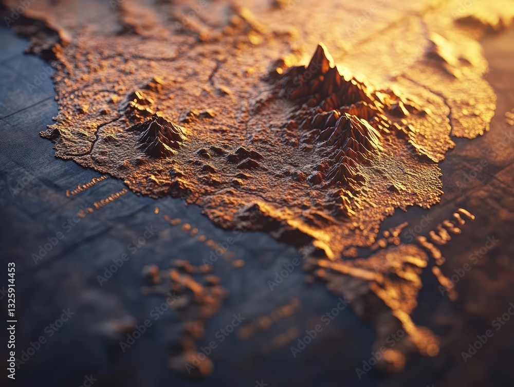 Poster detailed topographic map illuminated by warm golden light with intricate textures highlighting geogr