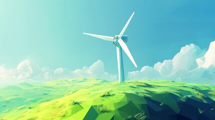 Fototapeta premium Futuristic Low Poly Wind Turbine in Geometric Landscape
