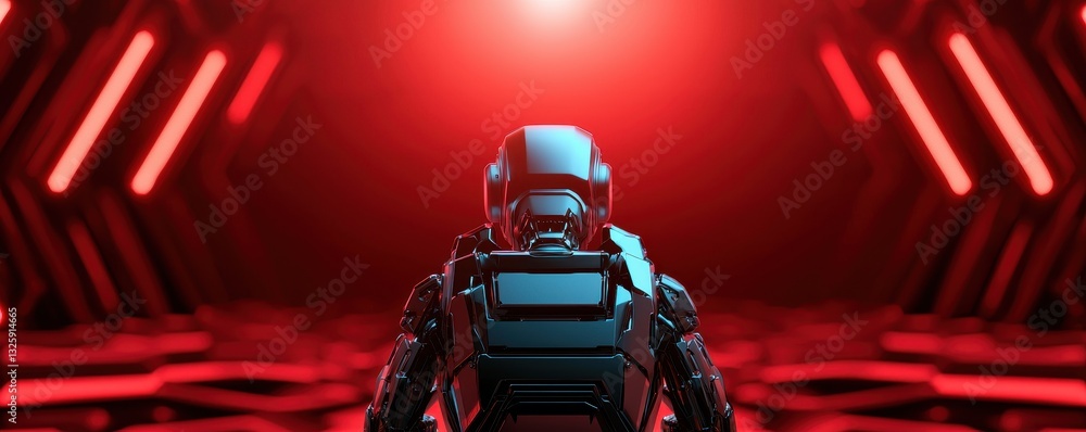 Poster a futuristic scene featuring a suited figure in a dark, illuminated environment with red lighting, s