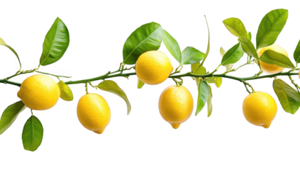 a branch of vibrant yellow lemons with green leaves against a white background showcasing the freshness and natural beauty of citrus fruits ideal for culinary health or gardening themes