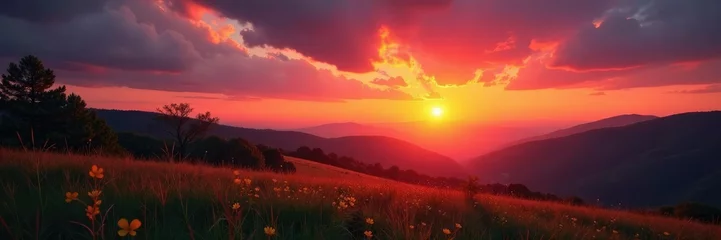Fotobehang Sun's descent casts a warm glow on the landscape at dusk, sunsets, peaceful © Prasert