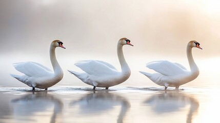 Obraz premium Three elegant white swans gracefully walking in calm, misty water at sunrise, reflecting in the still surface.