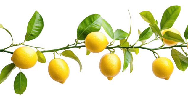 a branch of vibrant yellow lemons with green leaves against a white background showcasing the freshness and natural beauty of citrus fruits ideal for culinary health or gardening themes