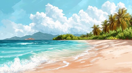 Naklejka premium Tropical beach landscape with blue ocean waves and palm trees on sandy shore