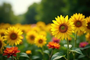 Obraz premium Sunflower blooms in a lush flower bed with colorful blooms, greenery, garden, field