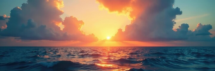 Obraz premium Sunlight breaking through clouds over the sea at dawn, sea, clouds, sky