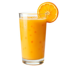 Glass of fresh orange juice with lemon slice, bright and refreshing, on white background
