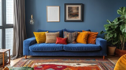 Cozy living room with blue sofa and colorful cushions in modern interior design