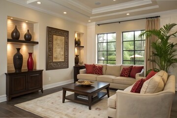 Fototapeta premium An interior design image of a modern living room with a neutral color palette, featuring a beige sectional sofa with accent pillows, a dark wood coffee table, two armchairs, and tall decorative vases 