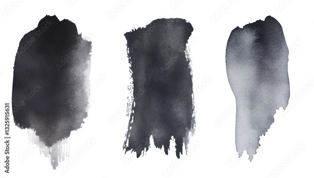 Poster three abstract watercolor strokes in varying shades of black and gray showcasing fluidity and textur