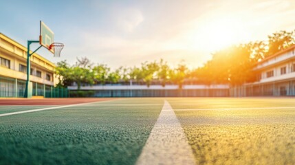 Obraz premium Peaceful Basketball Court at Sunrise with Trees in the Background