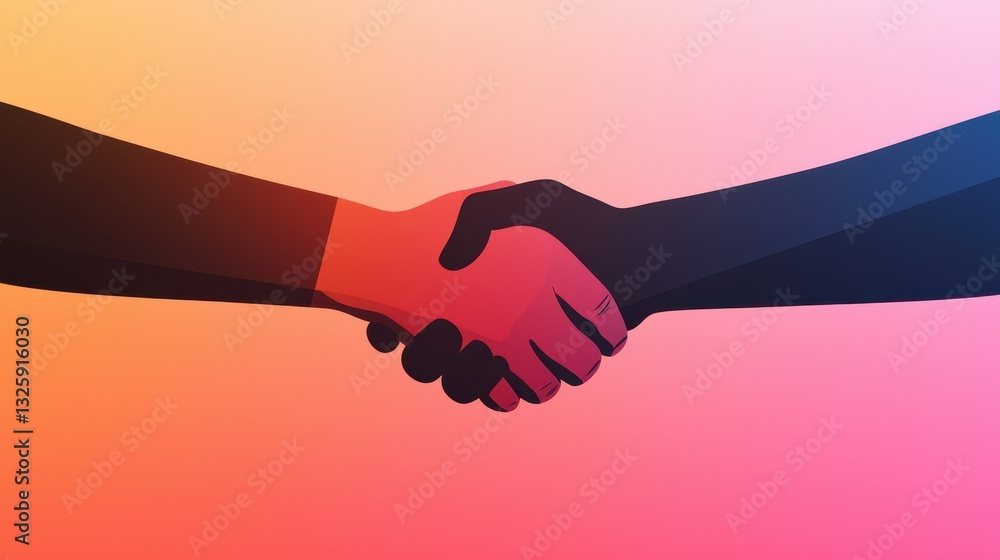 Poster two hands shaking in a gradient of colors, symbolizing unity, agreement, and collaboration.