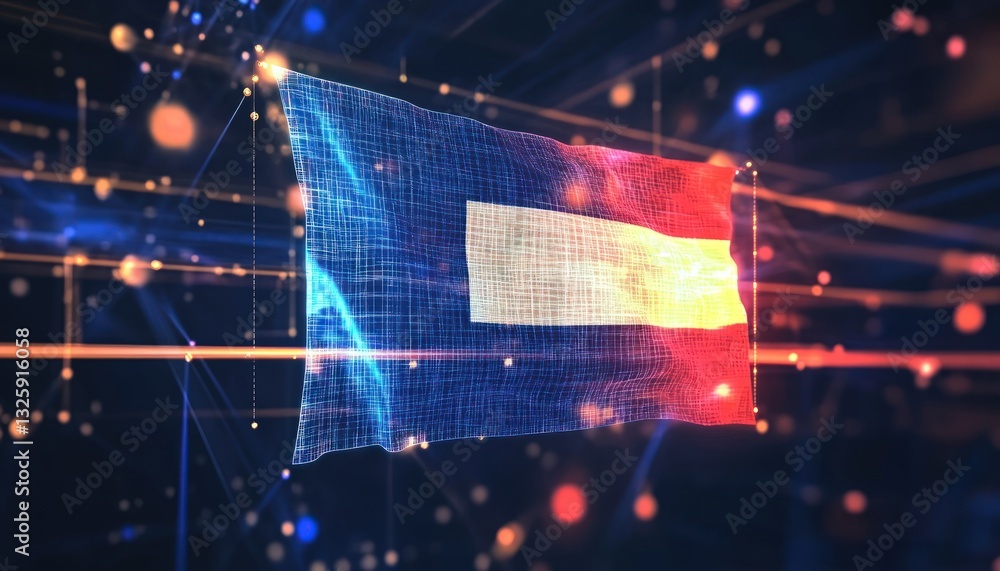 Poster digital representation of a flag with data points and network connections. glowing blue and red hues
