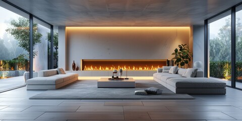 Luxury minimalist living room with a modern linear fireplace, elegant white sofas, large glass windows,