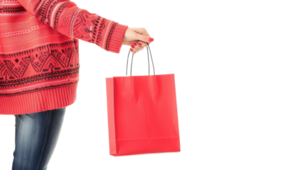 Woman holding red shopping bag on transparent background
